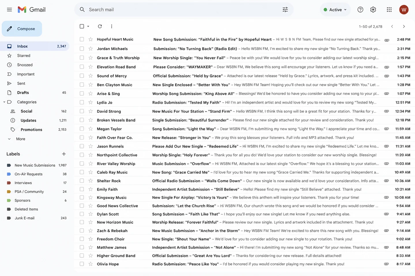 Fictional crowded email inbox illustrating disconnected Christian music submissions